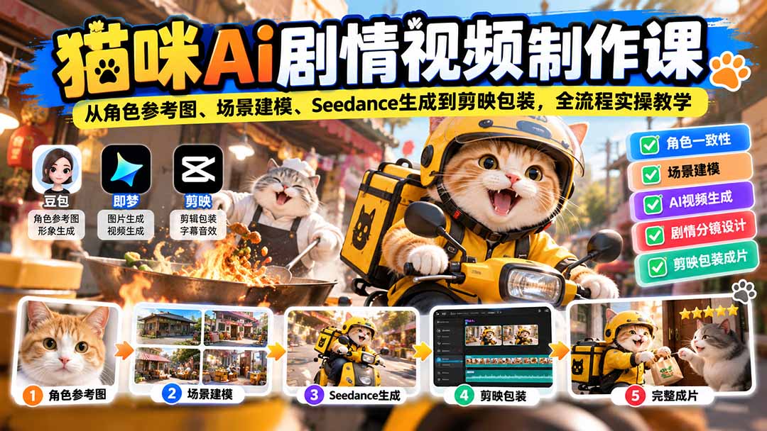 猫咪AI剧情视频制作课：从角色参考图、场景建模、Seedance生成到剪映包装，全流程实操教学-超级会员网