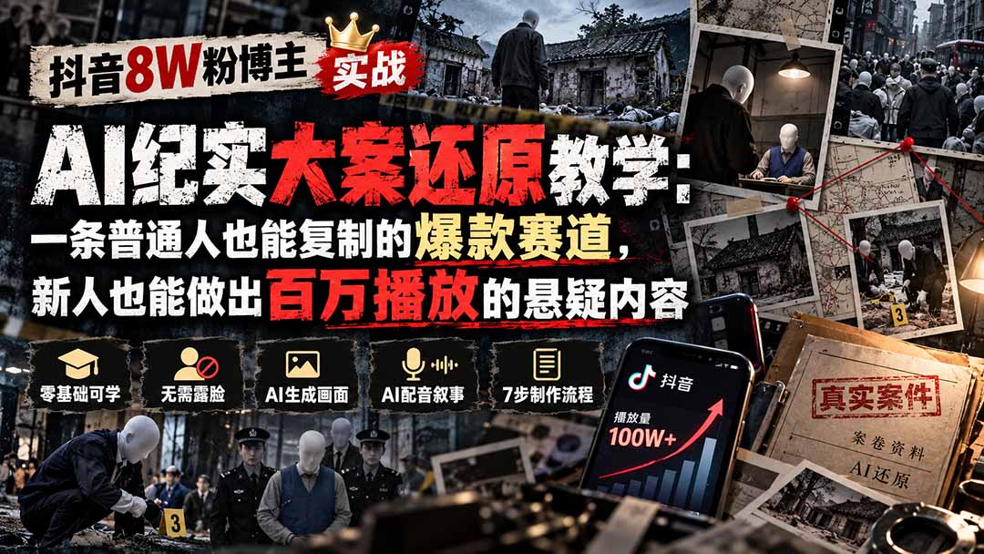 抖音8W粉博主AI纪实大案还原教学：一条普通人也能复制的爆款赛道，新人也能做出百万播放的悬疑内容-超级会员网
