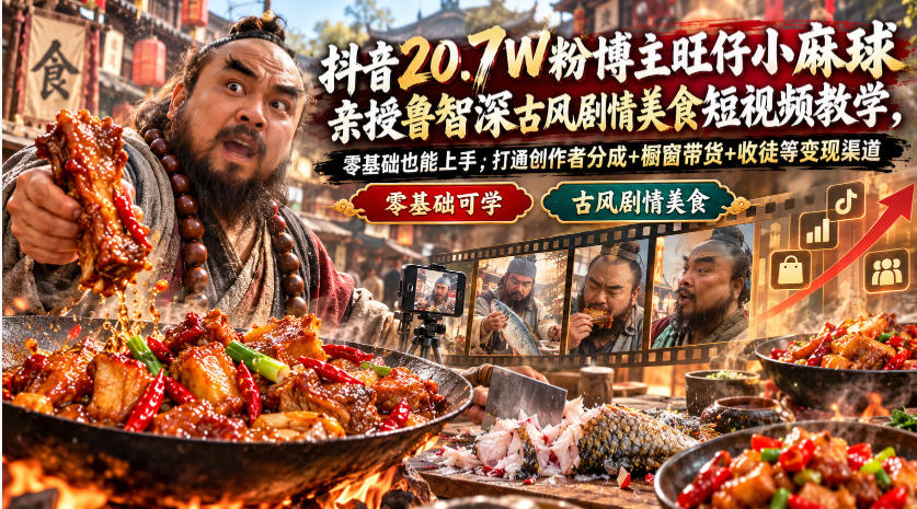 抖音20.7W粉博主旺仔小麻球亲授鲁智深古风剧情美食短视频教学，零基础也能上手，打通创作者分成+橱窗带货+收徒等变现渠道-超级会员网