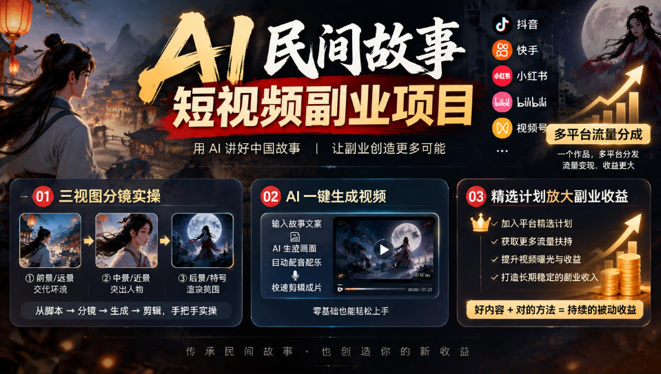 AI民间故事短视频副业项目，多平台流量分成，三视图分镜实操，精选计划放大副业收益-超级会员网