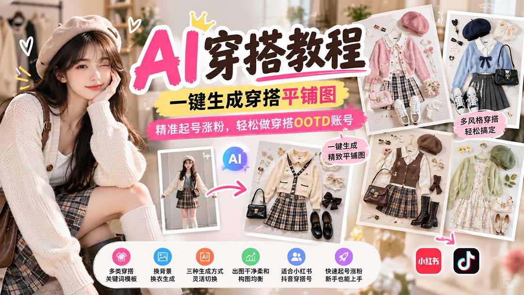【无水印】AI穿搭教程｜一键生成穿搭平铺图，精准起号涨粉，轻松做穿搭OOTD账号-超级会员网
