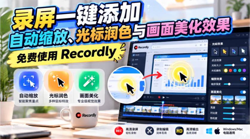 录屏一键添加自动缩放、光标润色与画面美化效果，免费使用Recordly-超级会员网