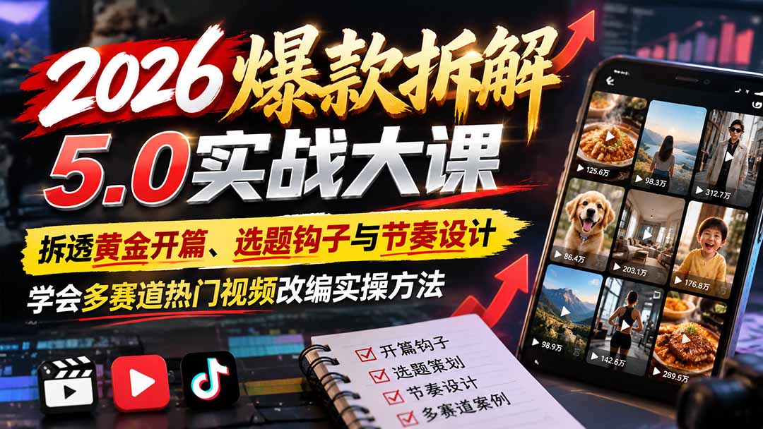 2026爆款拆解5.0实战大课：拆透黄金开篇、选题钩子与节奏设计，学会多赛道热门视频改编实操方法-超级会员网