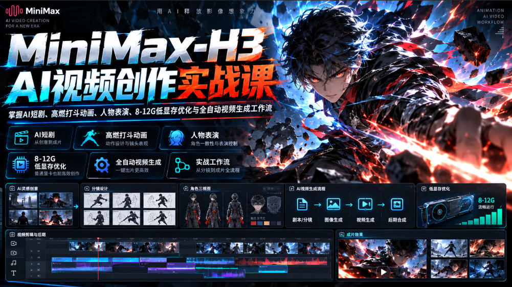 MiniMax-H3 AI视频创作实战课，掌握AI短剧、高燃打斗动画、人物表演、8-12G低显存优化与全自动视频生成工作流-超级会员网