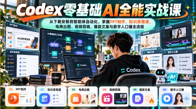 Codex零基础AI全能实战课：从下载安装到智能体自动化，掌握知识库搭建、电商出图、视频剪辑、爆款文案与数字人口播全流程-超级会员网