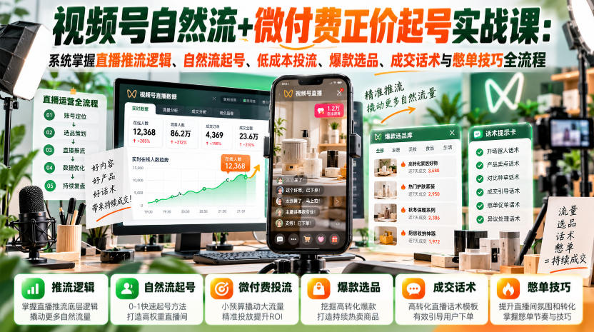 视频号自然流+微付费正价起号实战课：系统掌握直播推流逻辑、自然流起号、低成本投流、爆款选品、成交话术与憋单技巧全流程-超级会员网