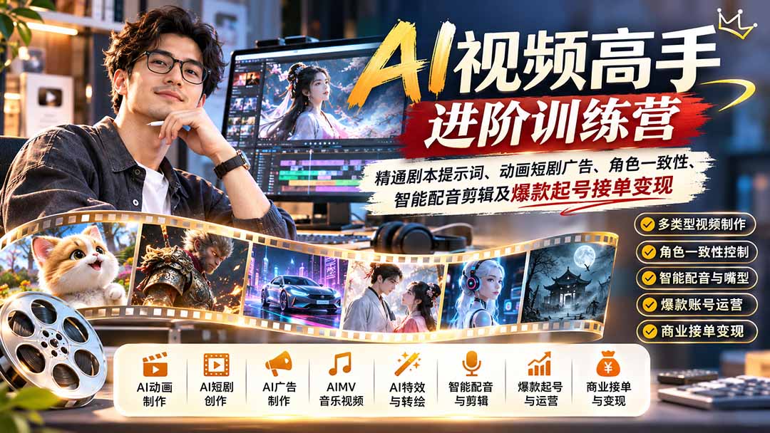 AI视频高手进阶训练营：精通剧本提示词、动画短剧广告、角色一致性、智能配音剪辑及爆款起号接单变现-超级会员网