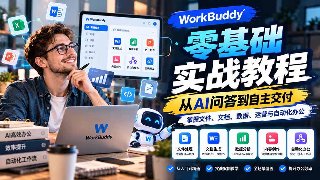 WorkBuddy零基础实战教程：从AI问答到自主交付，掌握文件、文档、数据、运营与自动化办公-超级会员网