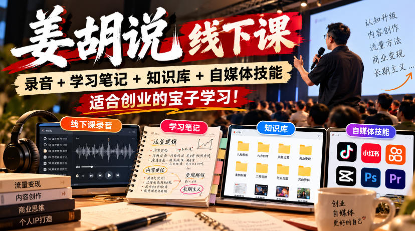 姜胡说线下课录音＋学习笔记＋知识库＋自媒体技能，​适合创业的宝子学习！-超级会员网