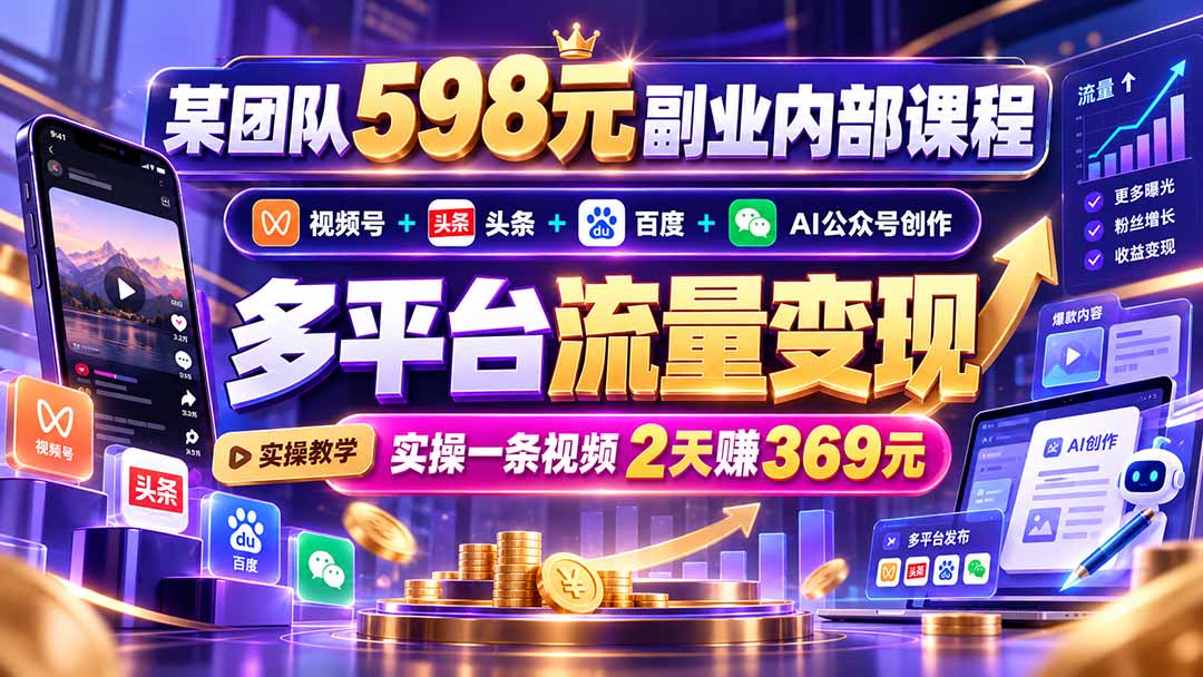 某团队598元副业内部课程：视频号+头条+百度+AI公众号创作、多平台流量变现，实操一条视频2天赚369元-超级会员网