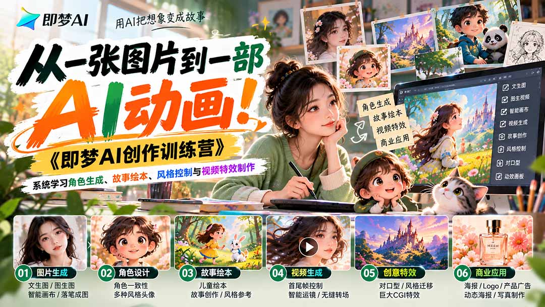 【无水印】从一张图片到一部AI动画！《即梦AI创作训练营》系统学习角色生成、故事绘本、风格控制与视频特效制作-超级会员网
