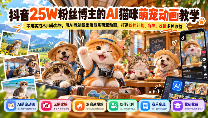 抖音25W粉丝博主的AI猫咪萌宠动画教学，不用实拍不用养宠物，用AI就能做出治愈系萌宠动画，打通伙伴计划、商单、收徒多种收益-超级会员网