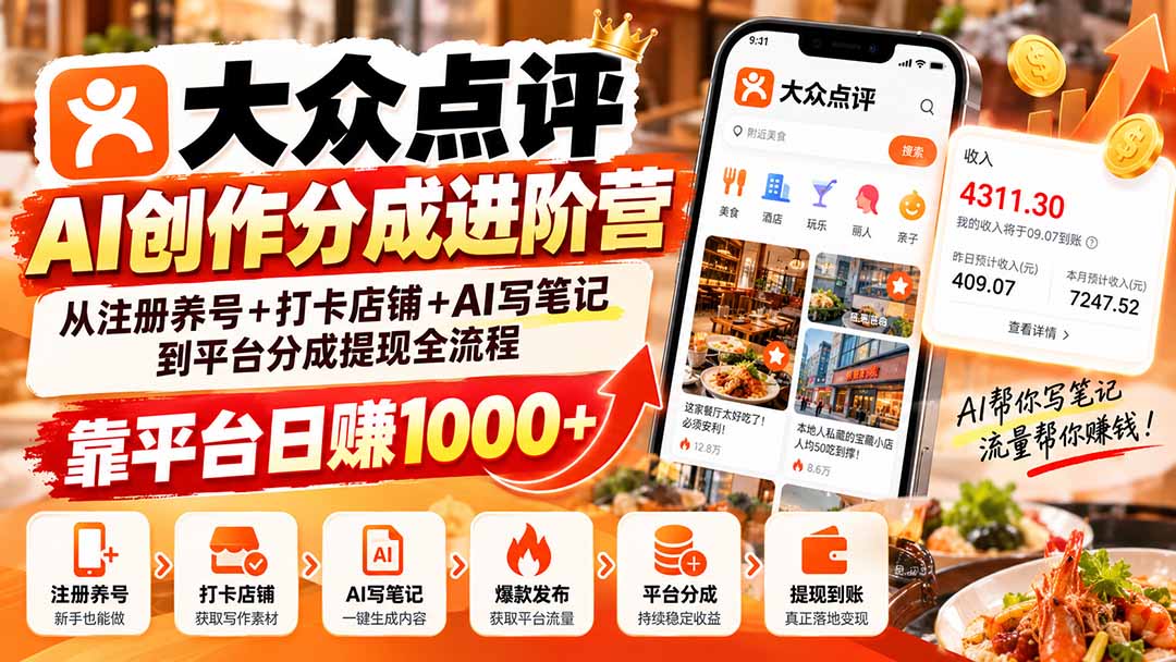大众点评AI创作分成进阶营：从注册养号+打卡店铺+AI写笔记到平台分成提现全流程，靠平台日赚1000+-超级会员网