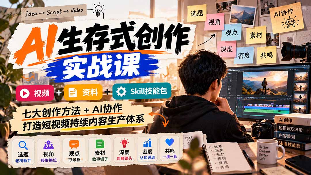 AI生存式创作实战课：视频+资料+Skill技能包，七大创作方法+AI协作，打造短视频持续内容生产体系-超级会员网