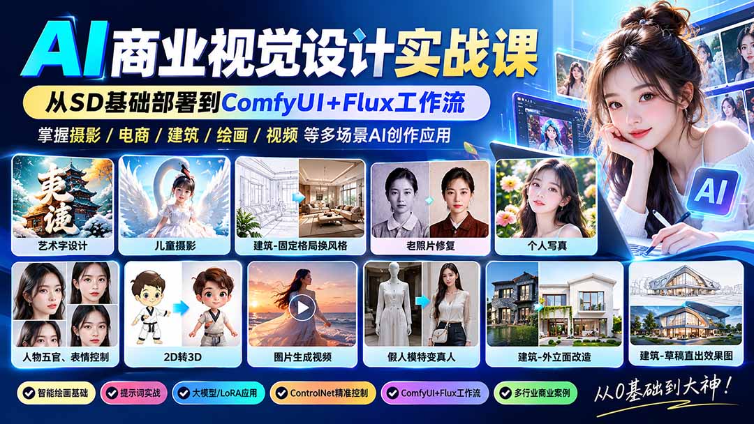 【无水印】AI商业视觉设计实战课：从SD基础部署到ComfyUI+Flux工作流，掌握摄影电商建筑AI创作-超级会员网