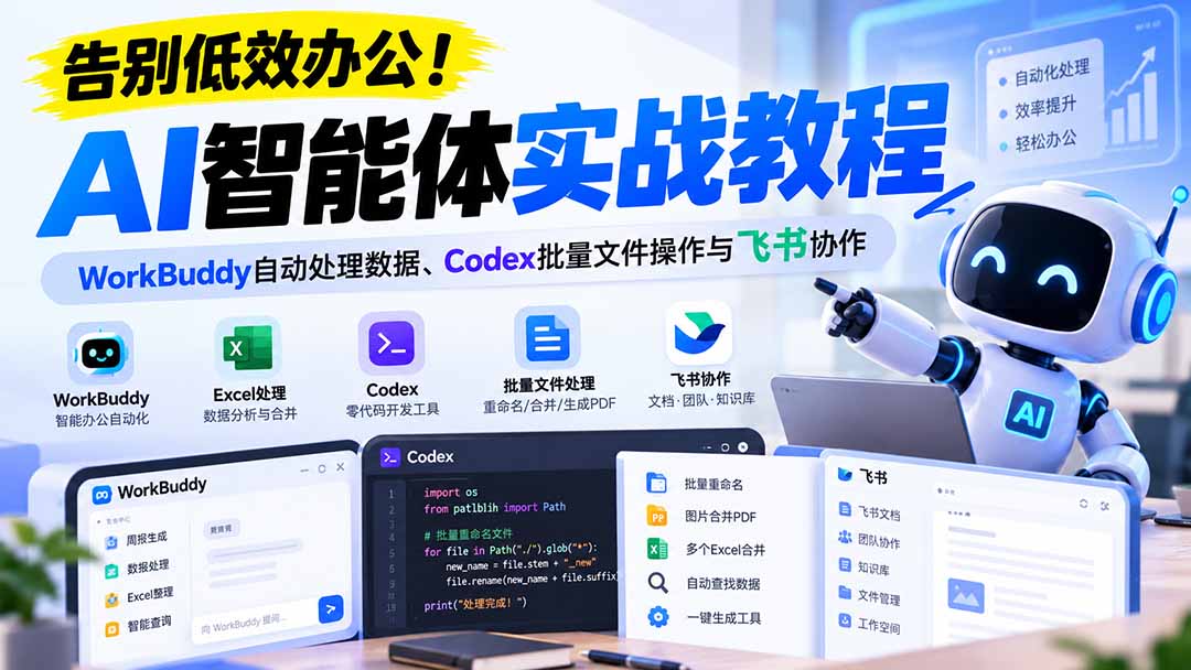 【无水印】告别低效办公！《AI智能体实战教程》WorkBuddy自动处理数据、Codex批量文件操作与飞书协作-超级会员网