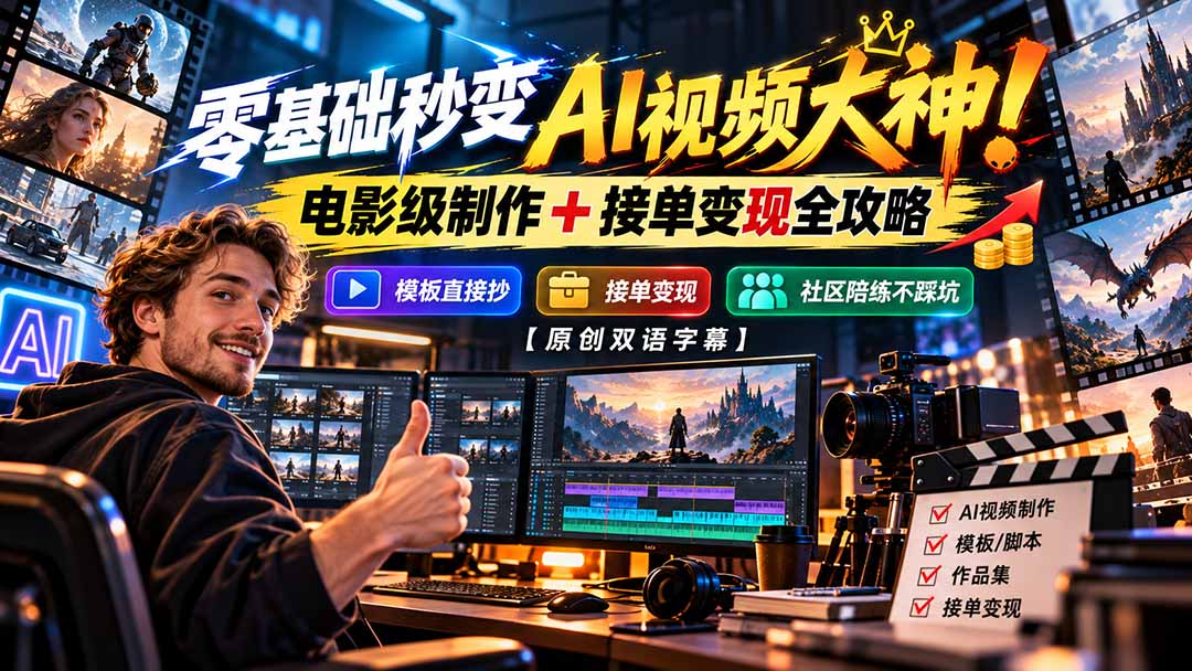零基础秒变AI视频大神！电影级制作 + 接单变现全攻略，模板直接抄，社区陪练不踩坑【原创双语字幕】-超级会员网