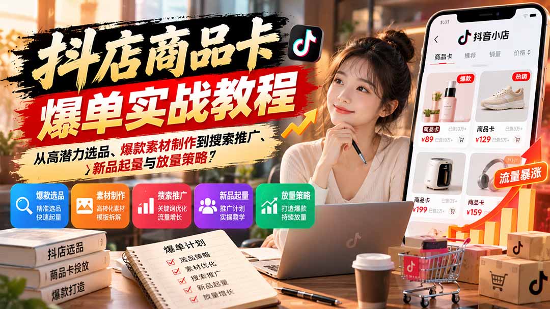 抖店商品卡爆单实战教程：从高潜力选品、爆款素材制作到搜索推广、新品起量与放量策略-超级会员网
