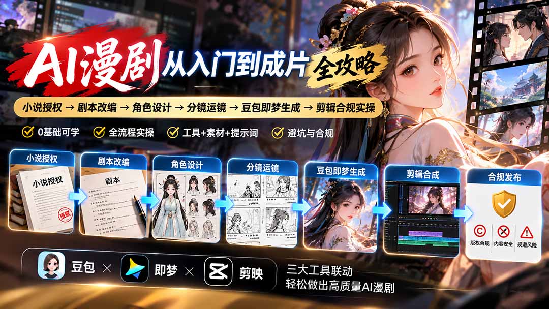 AI漫剧从入门到成片全攻略-更新1017：小说授权→剧本改编→角色设计→分镜运镜→豆包即梦生成→剪辑合规实操-超级会员网