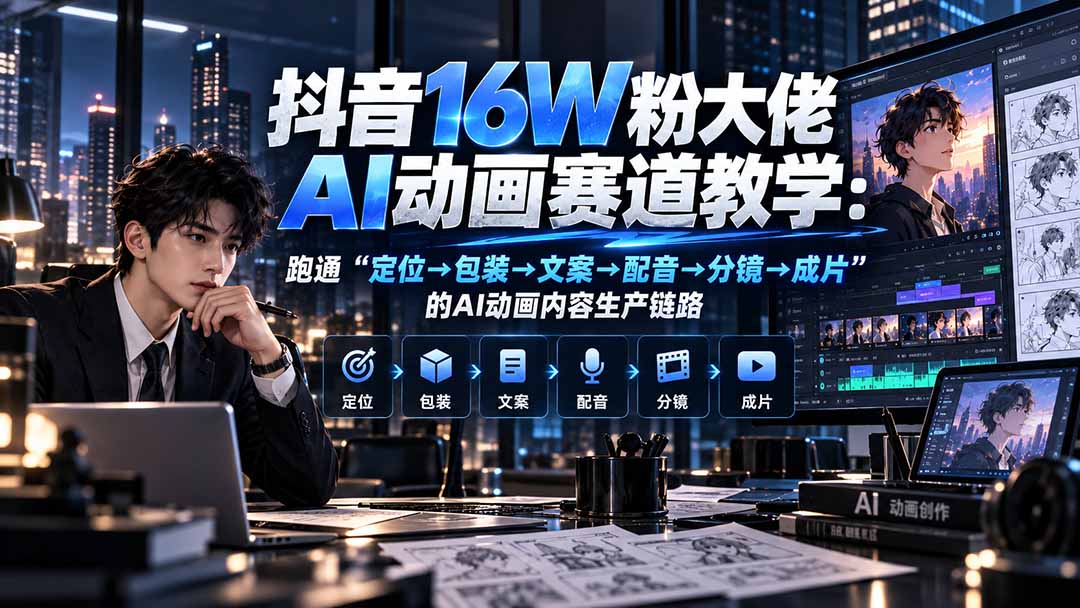 抖音16W粉大佬规则门禁AI动画赛道教学：跑通“定位→包装→文案→配音→分镜→成片”的AI动画内容生产链路-超级会员网