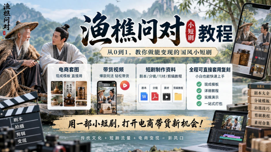 渔樵问对小短剧教程,包含电商套图、带货视频,短剧制作资料,全程可直接套用复刻-超级会员网