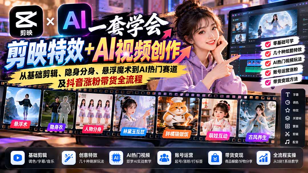一套学会剪映特效+AI视频创作：从基础剪辑、隐身分身、悬浮魔术到AI热门赛道及抖音涨粉带货全流程-超级会员网