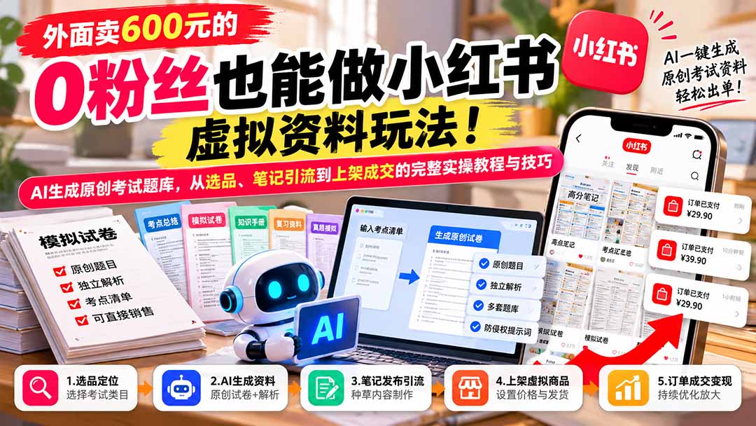 外面卖600元的 零粉丝也能做小红书虚拟资料玩法！AI生成原创考试题库，从选品、笔记引流到上架成交的完整实操教程-超级会员网