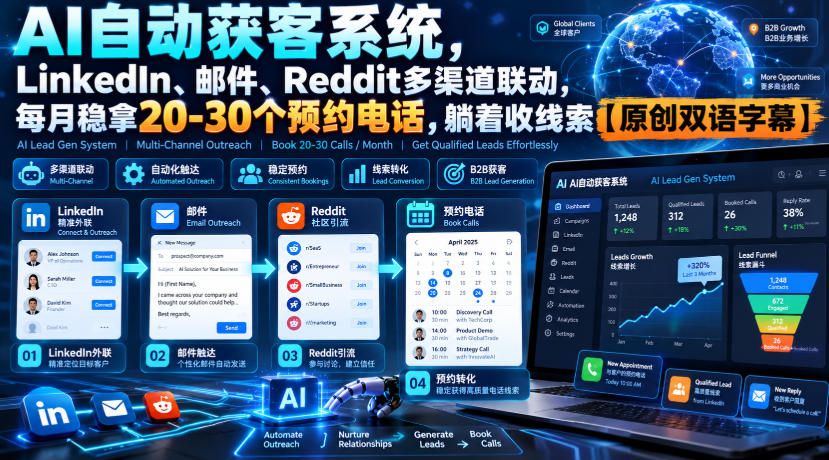 【无水印】AI自动获客系统，LinkedIn、邮件、Reddit多渠道联动，每月稳拿20-30个预约电话，躺着收线索【原创双语字幕】-超级会员网