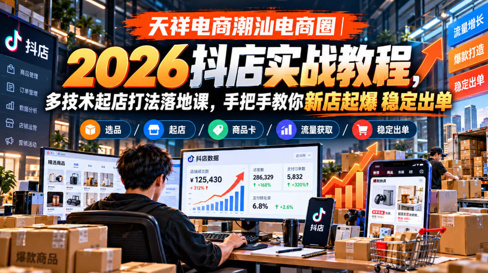 天祥电商潮汕电商圈｜2026抖店实战教程，多技术起店打法落地课，手把手教你新店起爆稳定出单-超级会员网