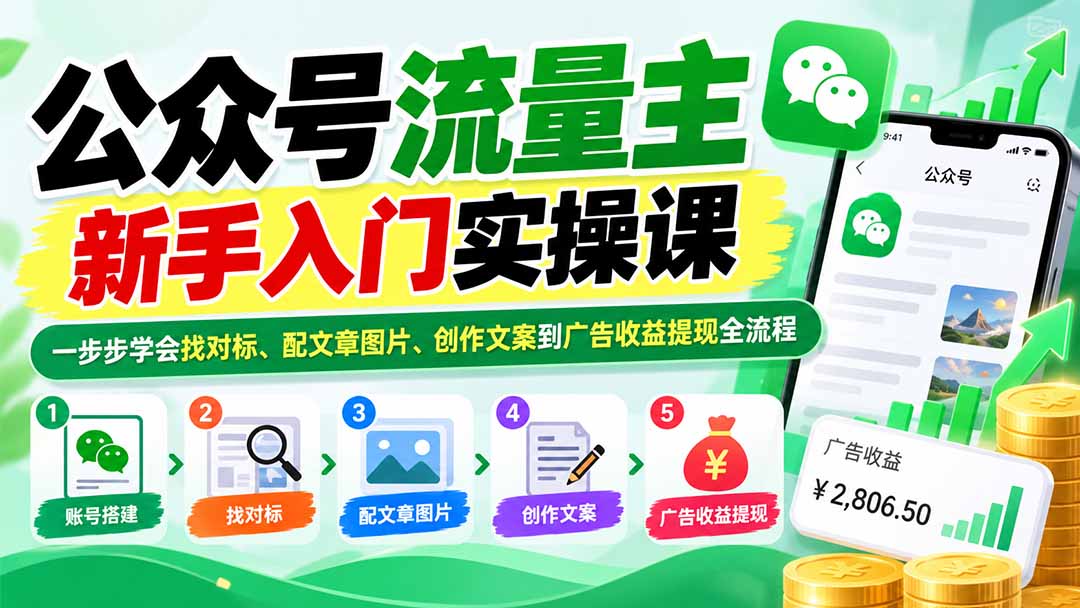 公众号流量主新手入门实操课：一步步学会找对标、配文章图片、创作文案到广告收益提现全流程-超级会员网
