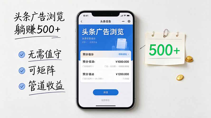 头条广告浏览躺赚500+无需值守，可矩阵并附有管道收益-超级会员网
