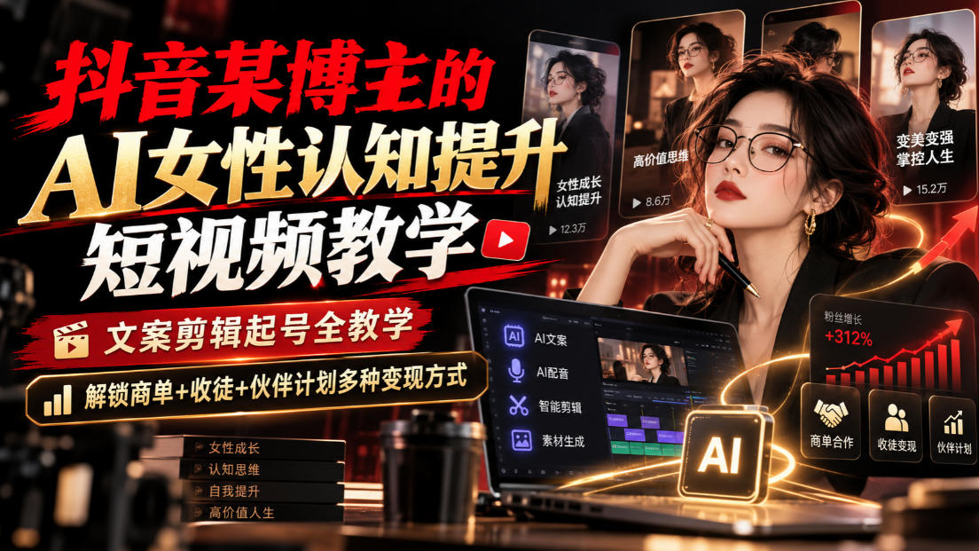 抖音某博主的Ai女性认知提升短视频教学，文案剪辑起号全教学，解锁商单+收徒+伙伴计划多种变现方式-超级会员网