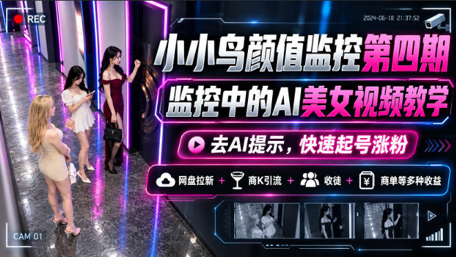 小小鸟颜值监控第四期，监控中的AI美女视频教学，去AI提示，快速起号涨粉，网盘拉新+商K引流+收徒+商单等多种收益-超级会员网