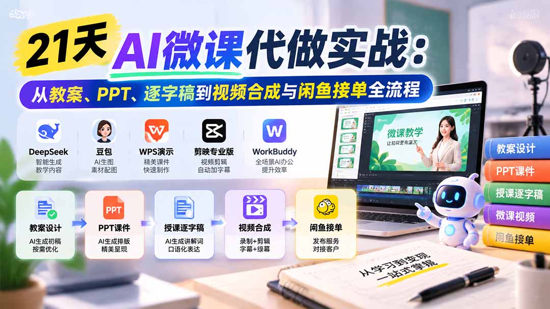 21天AI微课代做实战：从教案、PPT、逐字稿到视频合成与闲鱼接单全流程-超级会员网
