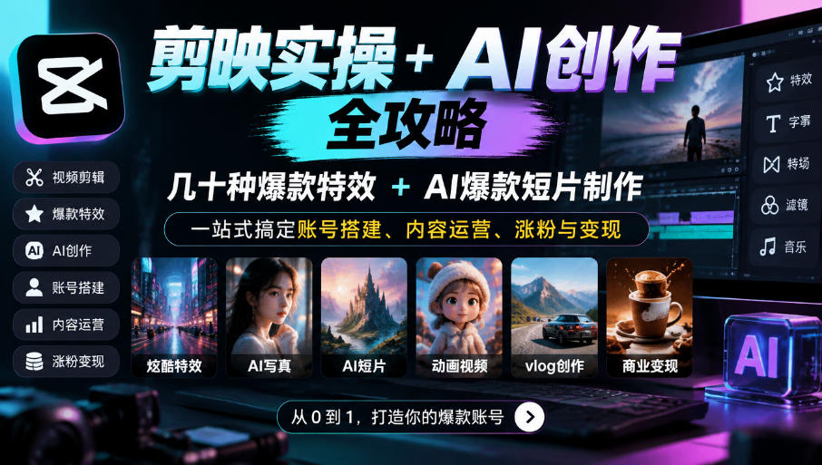 剪映实操+AI创作全攻略｜几十种爆款特效+AI爆款短片制作，一站式搞定账号搭建、内容运营、涨粉与变现-超级会员网
