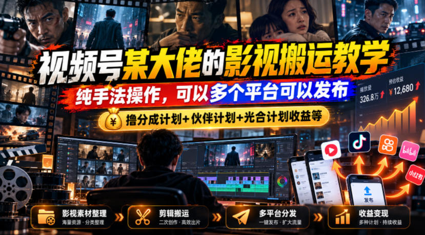 视频号某大佬的影视搬运教学，纯手法操作，可以多个平台可以发布，撸分成计划+伙伴计划+光合计划收益等-超级会员网