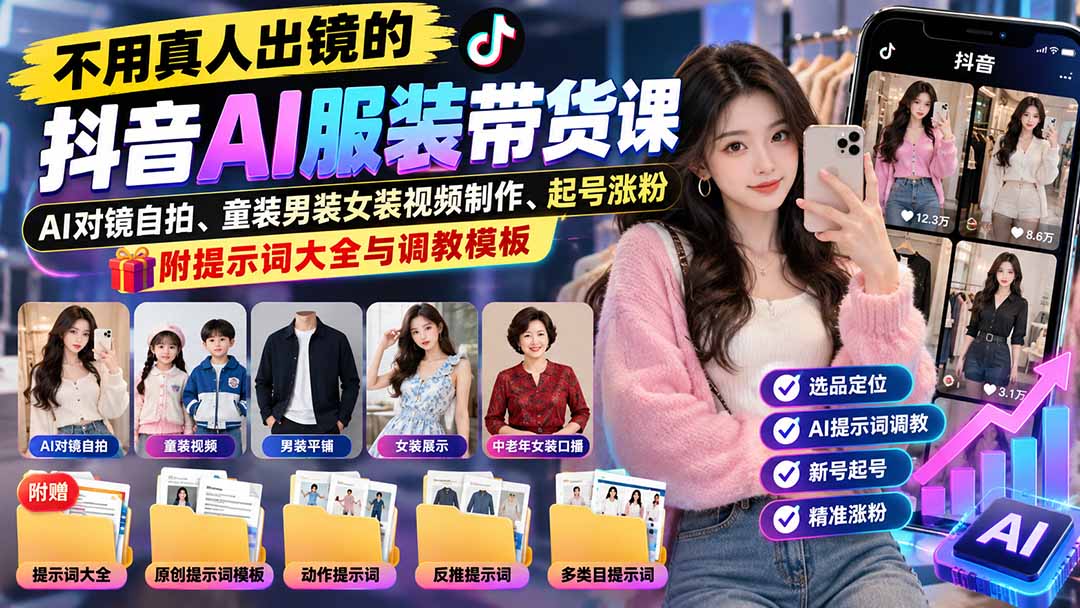 不用真人出镜的抖音AI服装带货课：AI对镜自拍、童装男装女装视频制作、起号涨粉，附提示词大全与调教模板-超级会员网