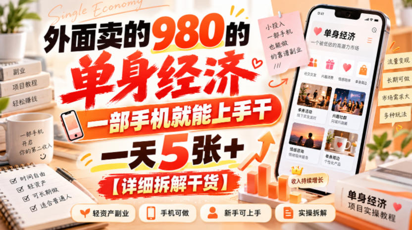 外面卖的980的单身经济，一部手机就能上手干，一天5张+【详细拆解干货】-超级会员网