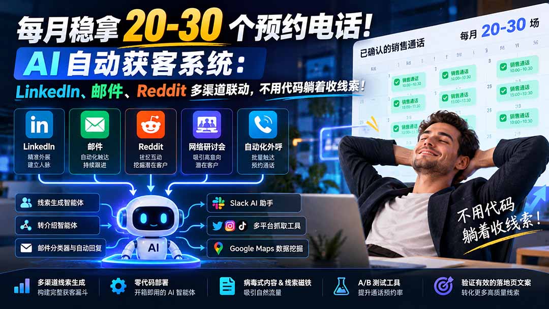 每月稳拿 20-30 个预约电话！AI 自动获客系统：LinkedIn、邮件、Reddit 多渠道联动，不用代码躺着收线索！-超级会员网