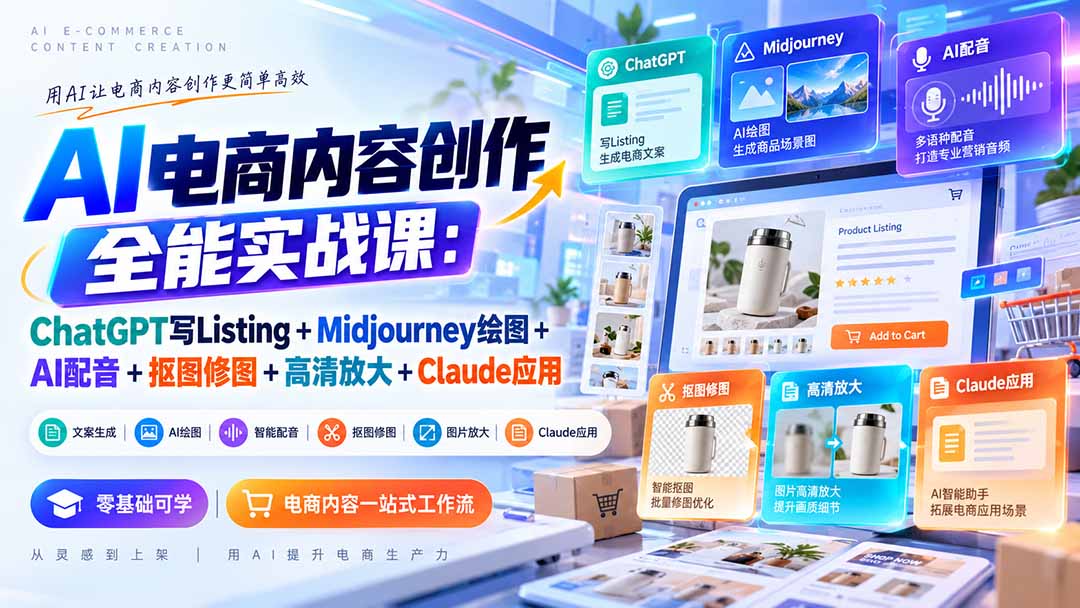 【无水印】AI电商内容创作全能实战课:ChatGPT写Listing+Midjourney绘图+AI配音+抠图修图+高清放大+Claude应用-超级会员网