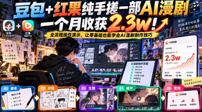 豆包+红果纯手搓一部AI漫剧一个月收获2.3w！全流程操作演示，让零基础也能学会AI漫剧制作技巧-超级会员网