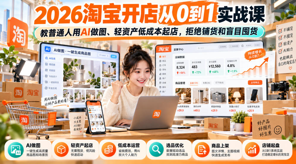 2026淘宝开店从0到1实战课，教普通人用AI做图、轻资产低成本起店，拒绝铺货和盲目囤货-超级会员网
