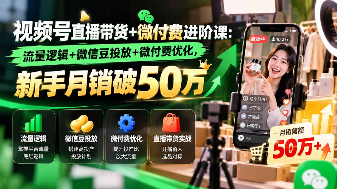 视频号直播带货+微付费进阶课-更新1010：流量逻辑+微信豆投放+微付费优化，新手月销破50万-超级会员网