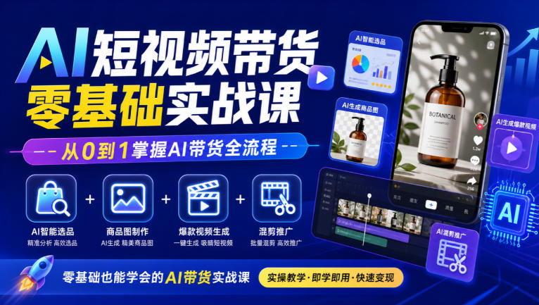 AI短视频带货零基础实战课｜AI智能选品+商品图制作+爆款视频生成+混剪推广，从0到1掌握AI带货全流程-超级会员网