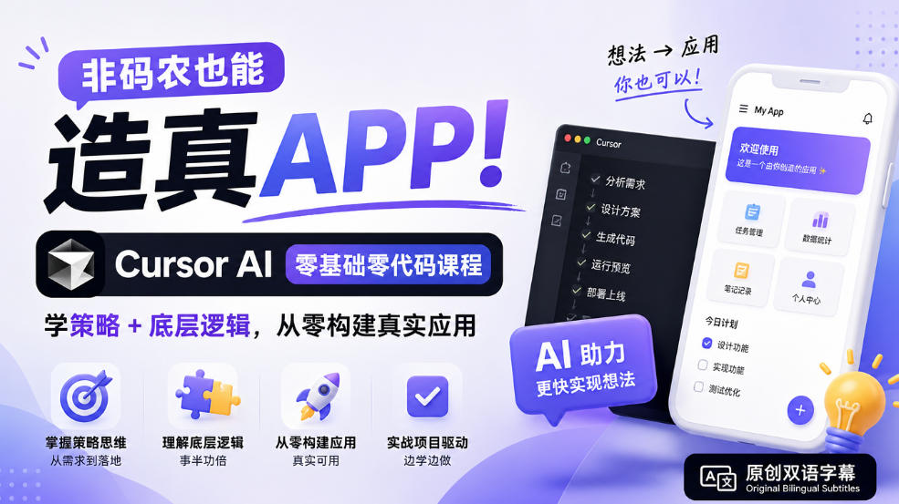 非码农也能造真APP！Cursor AI零基础零代码课程：学策略+底层逻辑，从零构建真实应用【原创双语字幕】-超级会员网