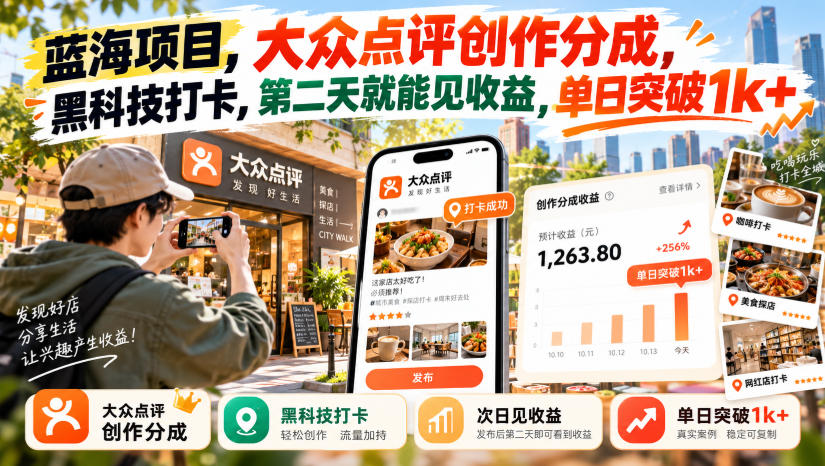 蓝海项目，大众点评创作分成，黑科技打卡，第二天就能见收益，单日突破1k+【揭秘】-超级会员网
