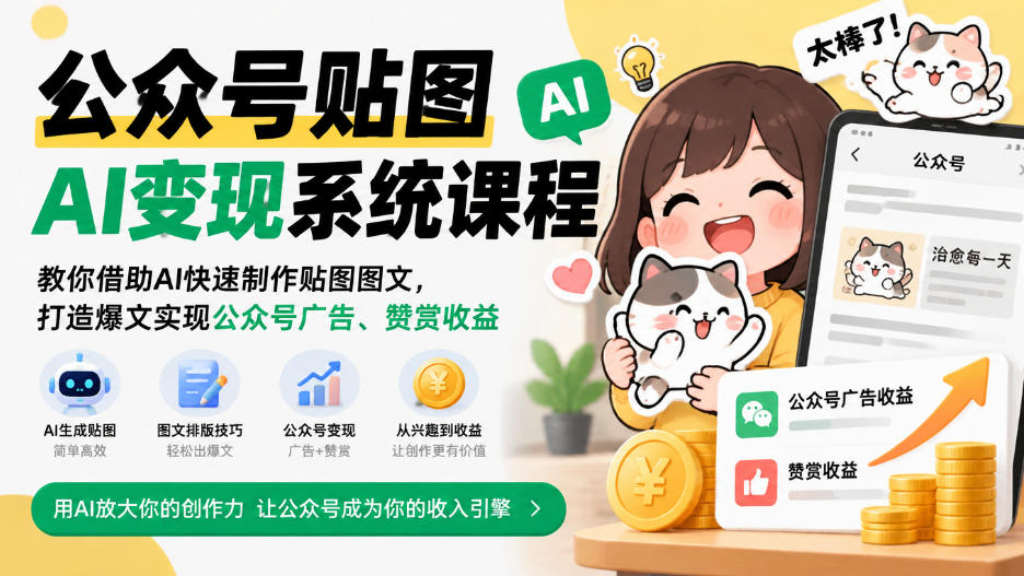 公众号贴图AI变现系统课程｜教你借助AI快速制作贴图图文，打造爆文实现公众号广告、赞赏收益-超级会员网