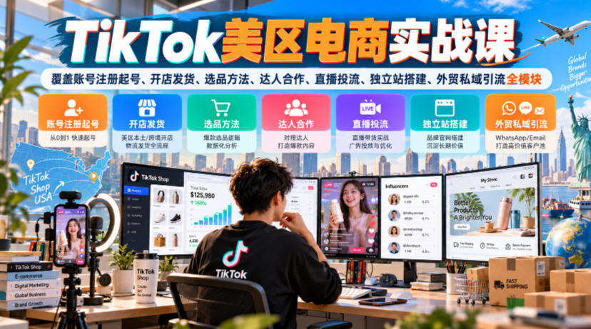 TikTok美区电商实战课，覆盖账号注册起号、开店发货、选品方法、达人合作、直播投流、独立站搭建、外贸私域引流全模块-超级会员网