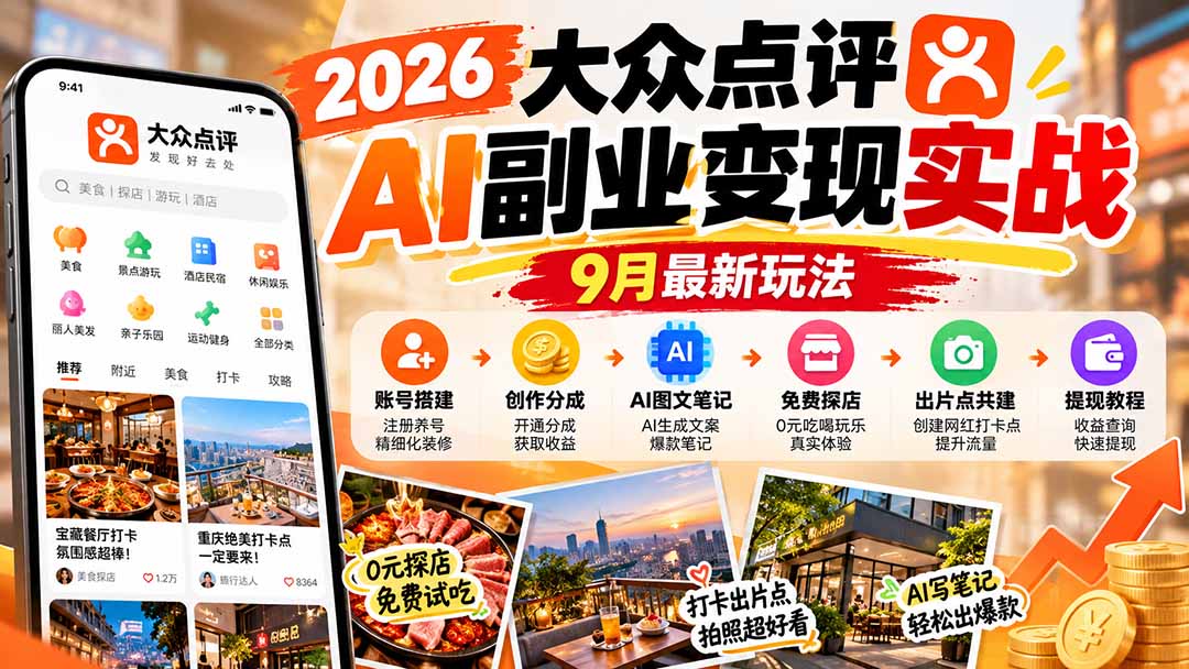 2026大众点评AI副业变现实战9月最新玩法：账号搭建+创作分成+AI图文笔记+免费探店+出片点共建与提现教程-超级会员网