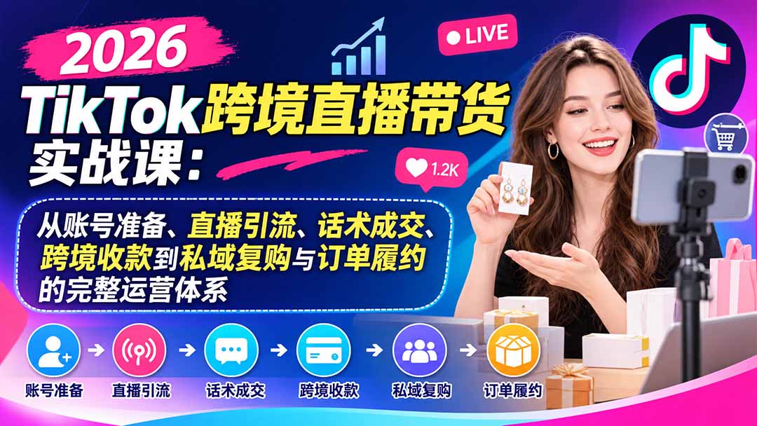 2026TikTok跨境直播带货实战课：从账号准备、直播引流、话术成交、跨境收款到私域复购与订单履约的完整运营体系-超级会员网